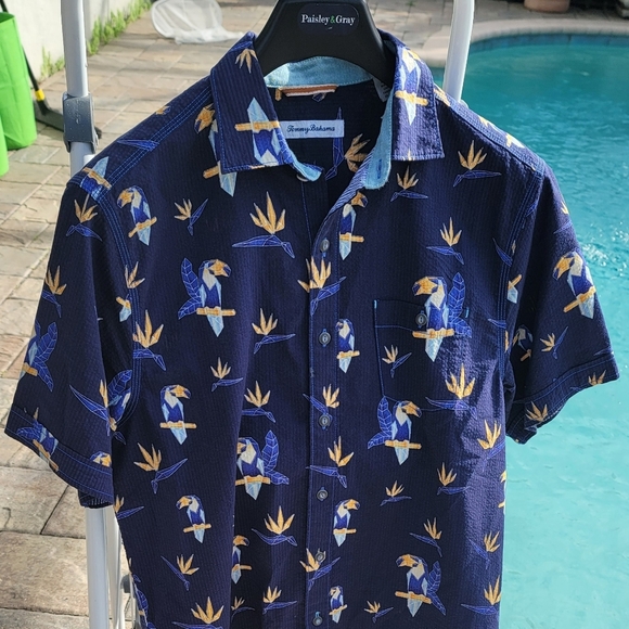 TOMMY BAHAMA Mens Seersucker Toucan Print Campshirt Short Sleeve Size Small Blue - Picture 3 of 7